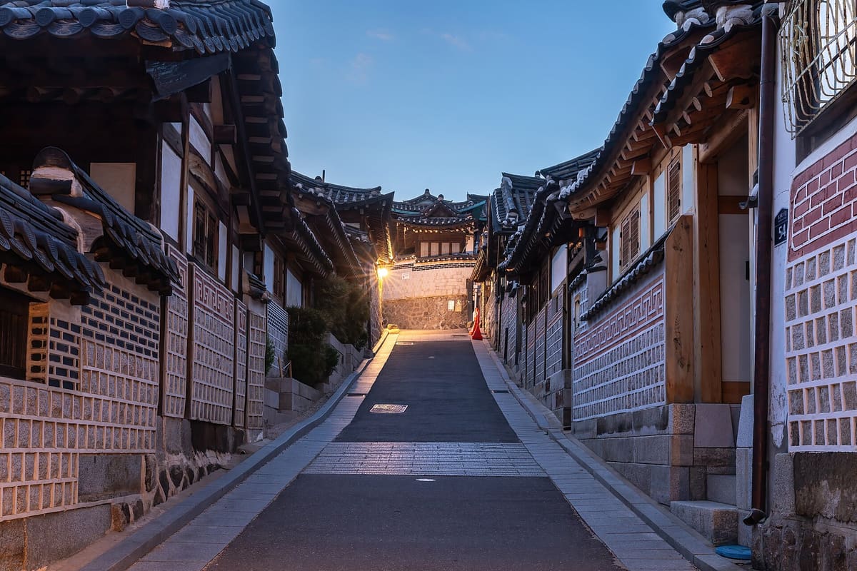 Bukchon Hanok Village — Bukchon-ro 11-gil street with hanok houses at blue hour in Bukchon Hanok Village Seoul