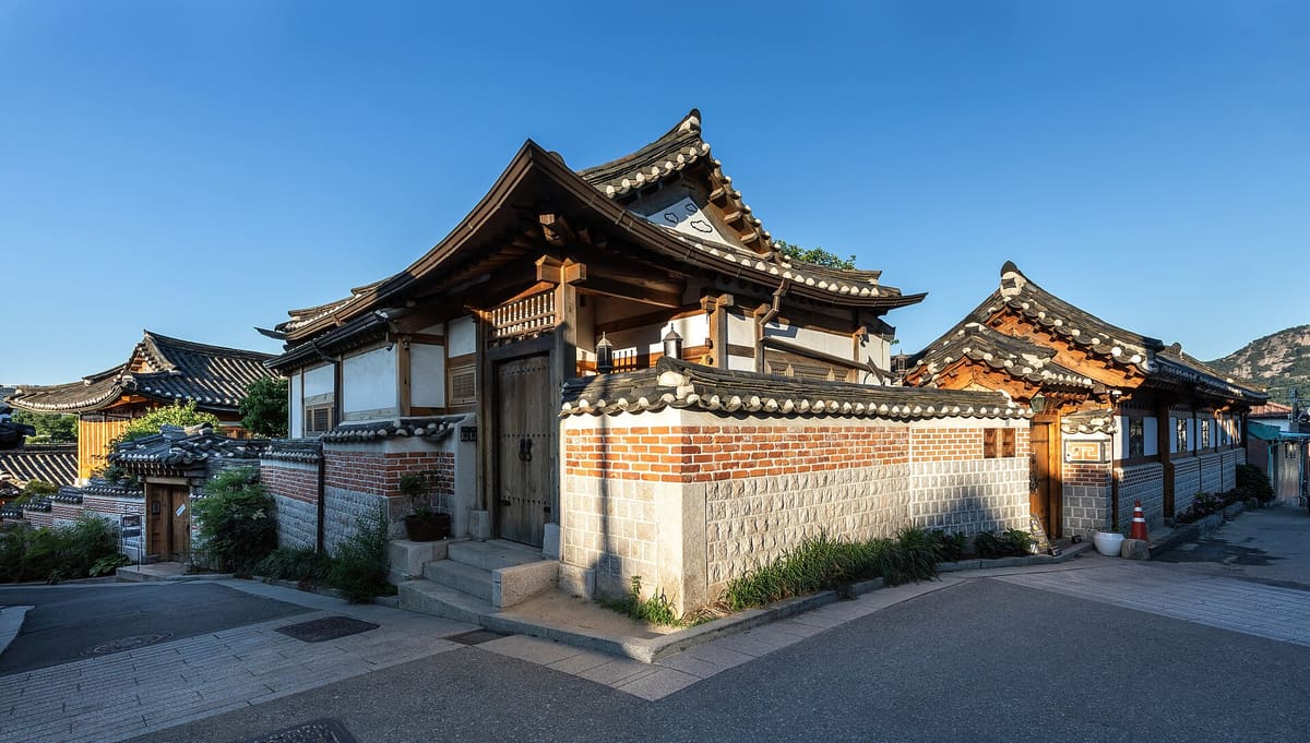 Bukchon Hanok Village — Traditional hanok houses at golden hour in Bukchon Hanok Village in Seoul
