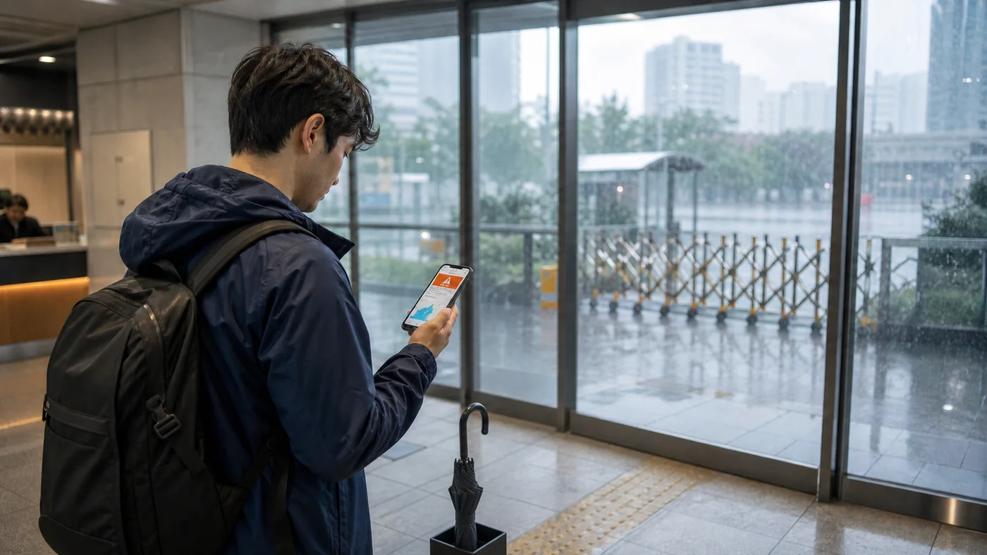 Traveler stays inside a staffed Korean public lobby during heavy rain while checking an abstract emergency alert and affected route