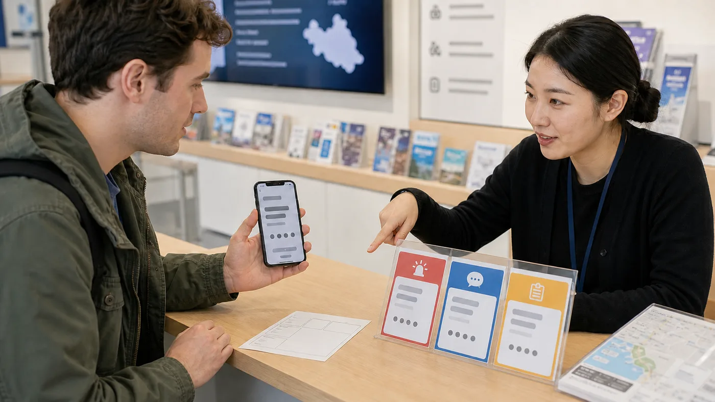 Traveler and unbranded information staff compare abstract emergency, travel-help and complaint paths at a Korean tourist desk