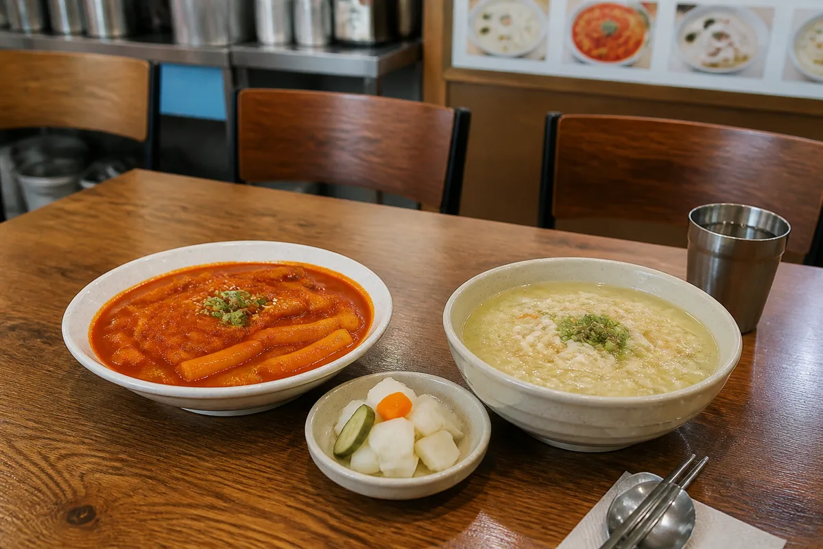 A Korean restaurant table with red tteokbokki beside a mild pale soup