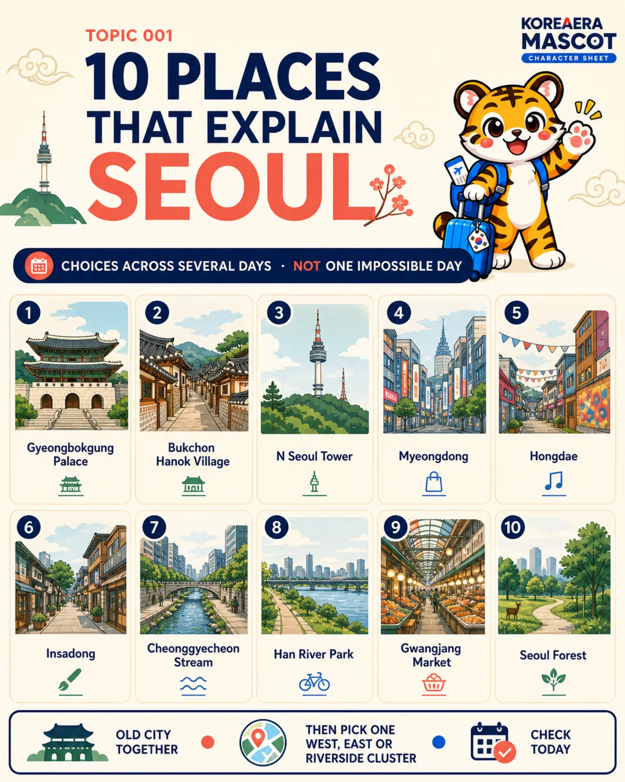 Korea Era tiger mascot presenting ten Seoul places to choose by cluster across several days