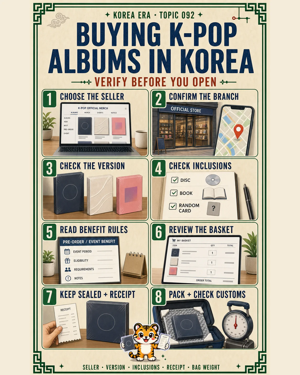Korea Era Topic 092 poster with one tiger traveler and eight checks for buying K-pop albums in Korea