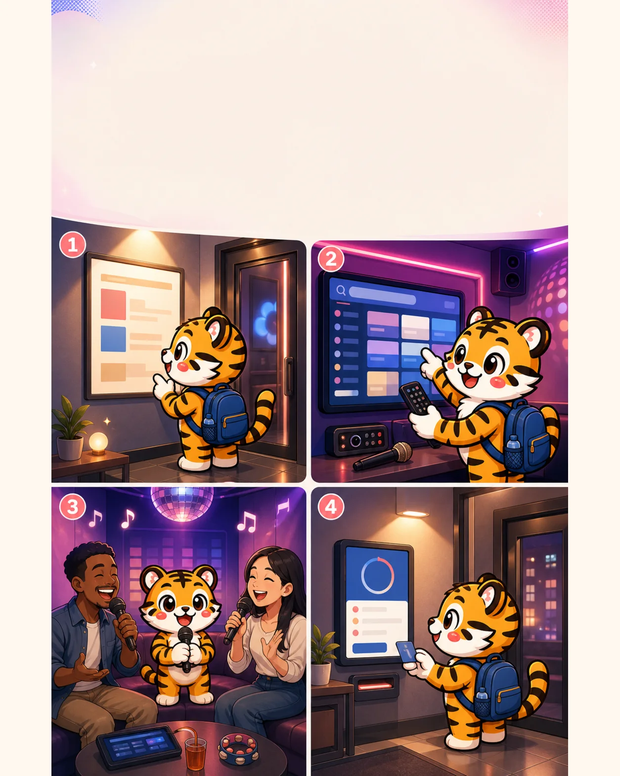 Korea Era tiger mascot checking the price, searching for a song, taking turns singing and reviewing the remaining time in a Korean noraebang