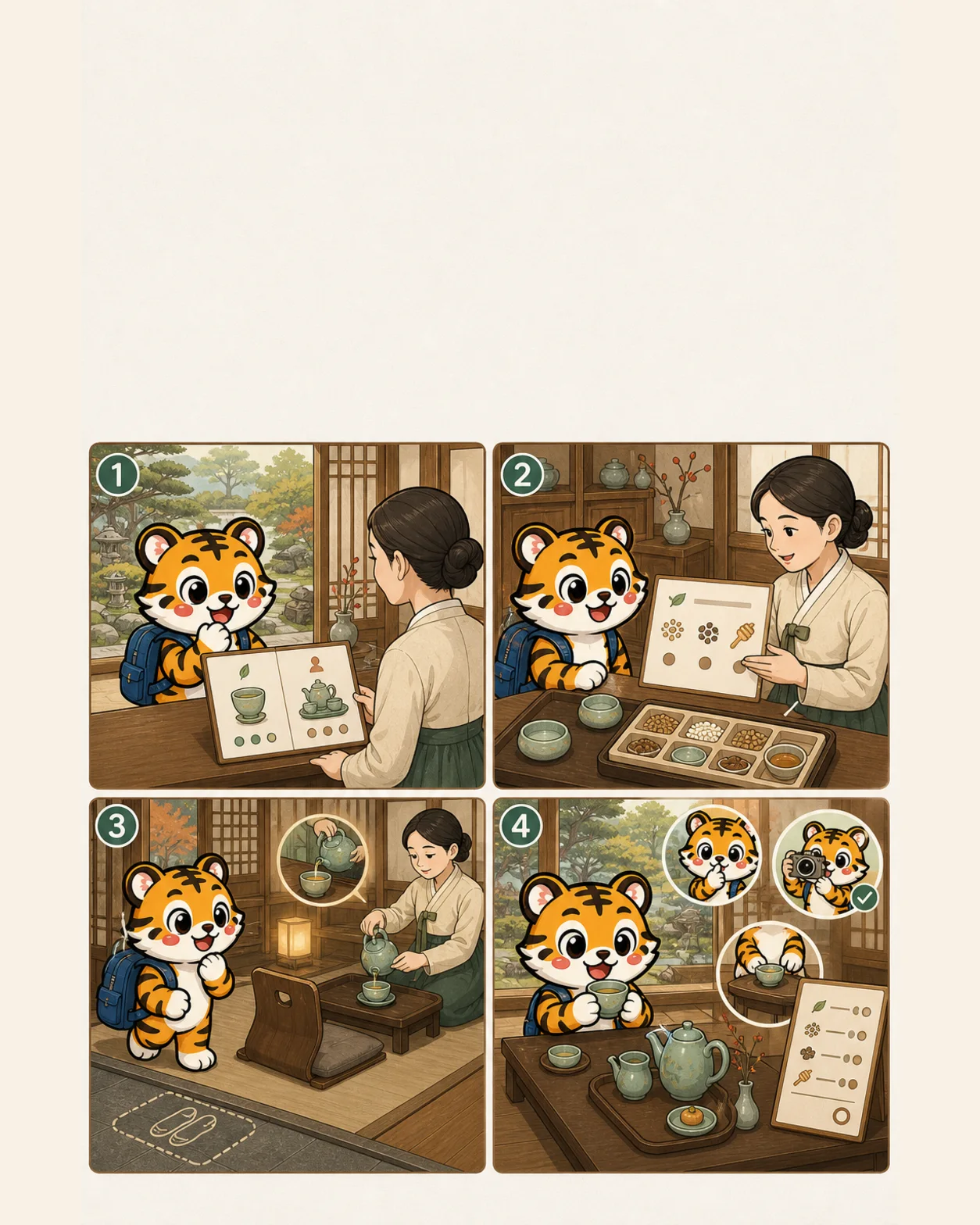 Korea Era tiger mascot choosing a tea format, checking ingredients, following seating rules and enjoying a careful first pour