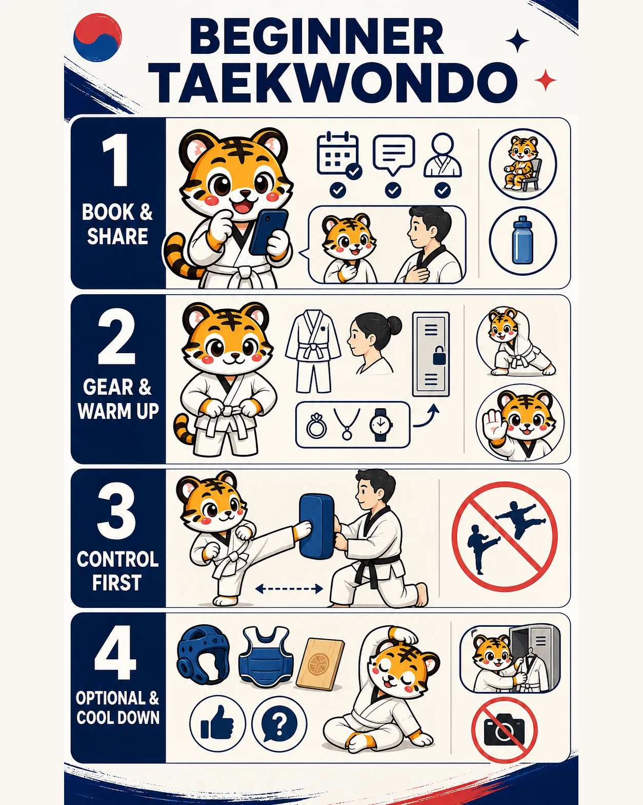 Korea Era tiger mascot books a supervised beginner taekwondo class, shares access needs, stores jewelry, warms up, practices a controlled pad kick and cools down