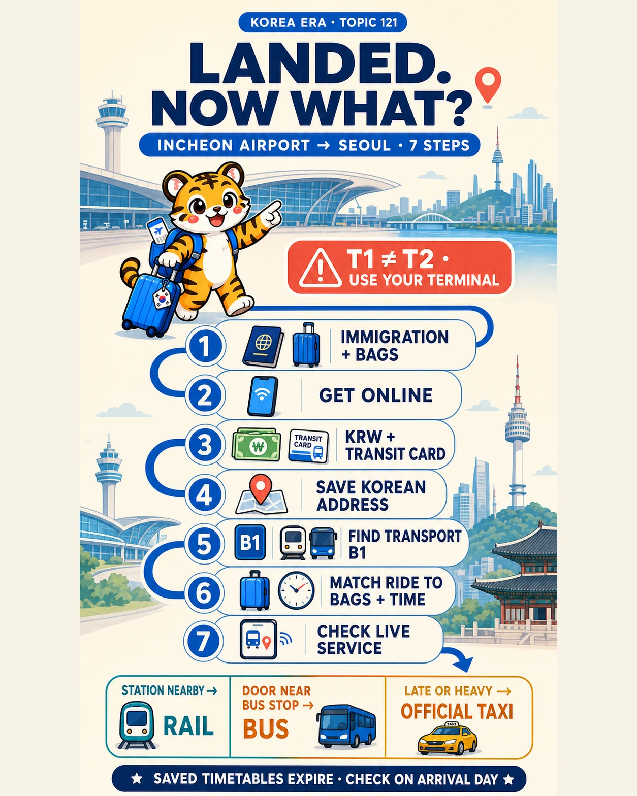 A seven-checkpoint Korea Era tiger illustration for arriving at Incheon Airport, from immigration and mobile data to the correct terminal transport center and a live-checked ride to Seoul