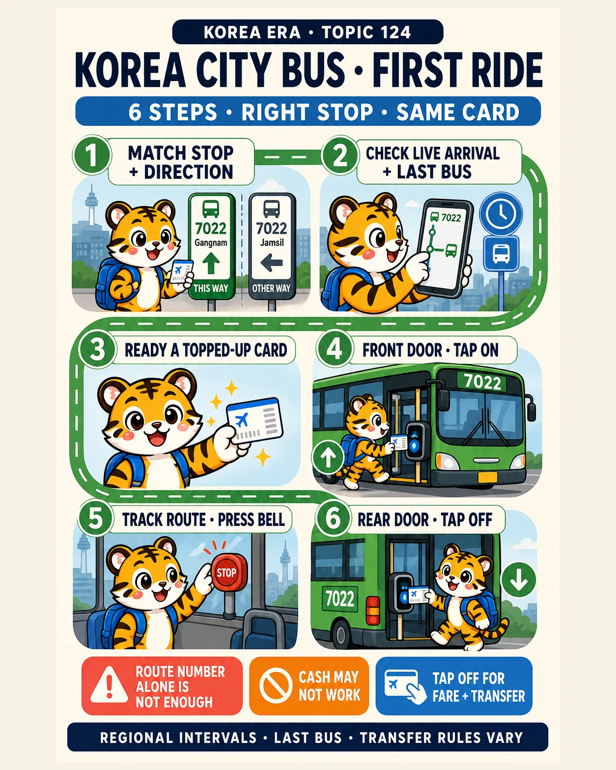Korea Era tiger mascot follows six city-bus steps from matching the stop direction to tapping off at the rear door