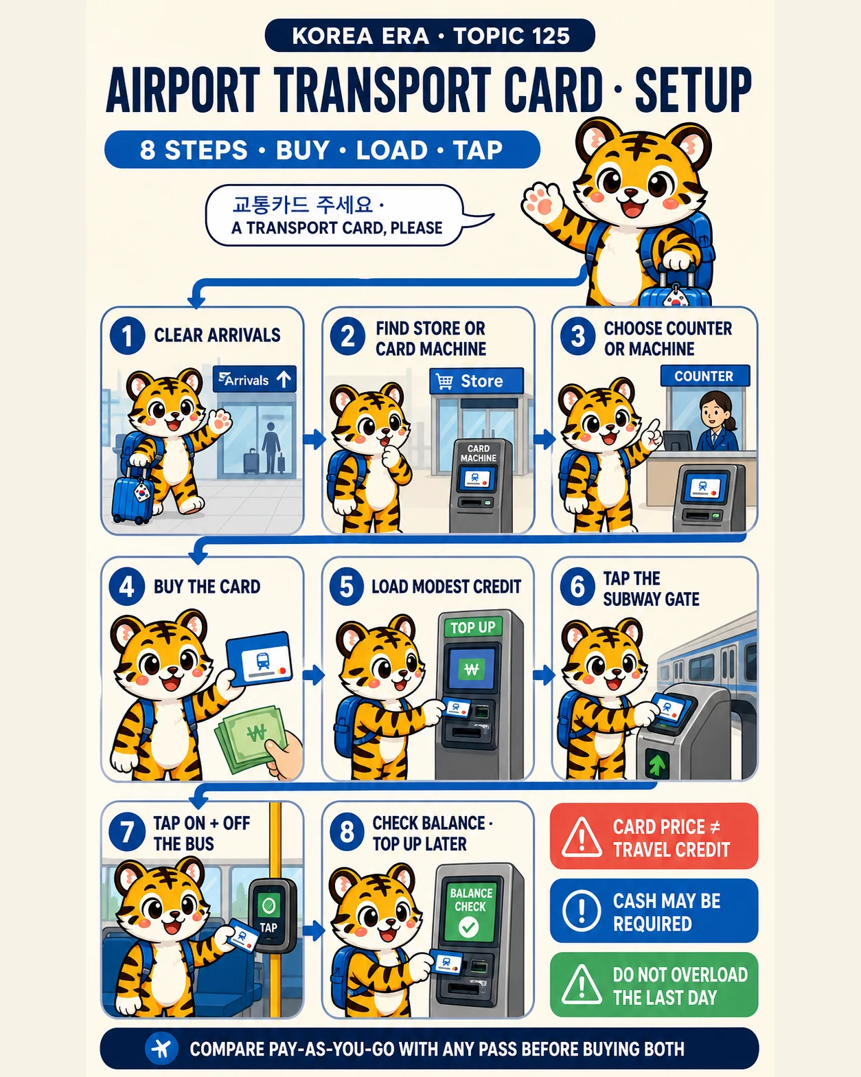 Korea Era tiger mascot follows eight steps to buy, load and use a transport card after arriving at Incheon Airport