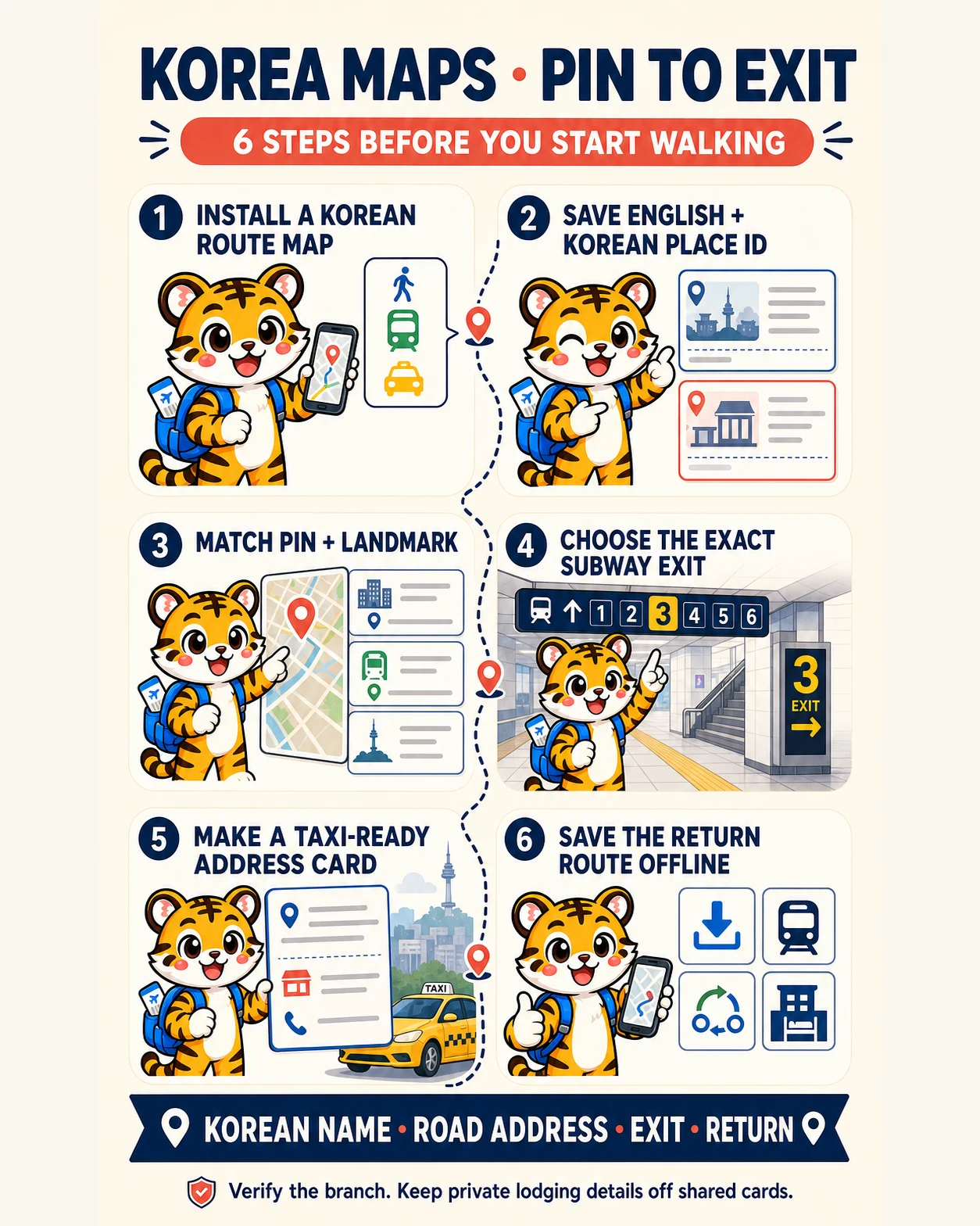 Korea Era tiger mascot follows six Korean navigation steps from installing a local route map and saving the Korean place identity to choosing the exact subway exit and saving a return route offline