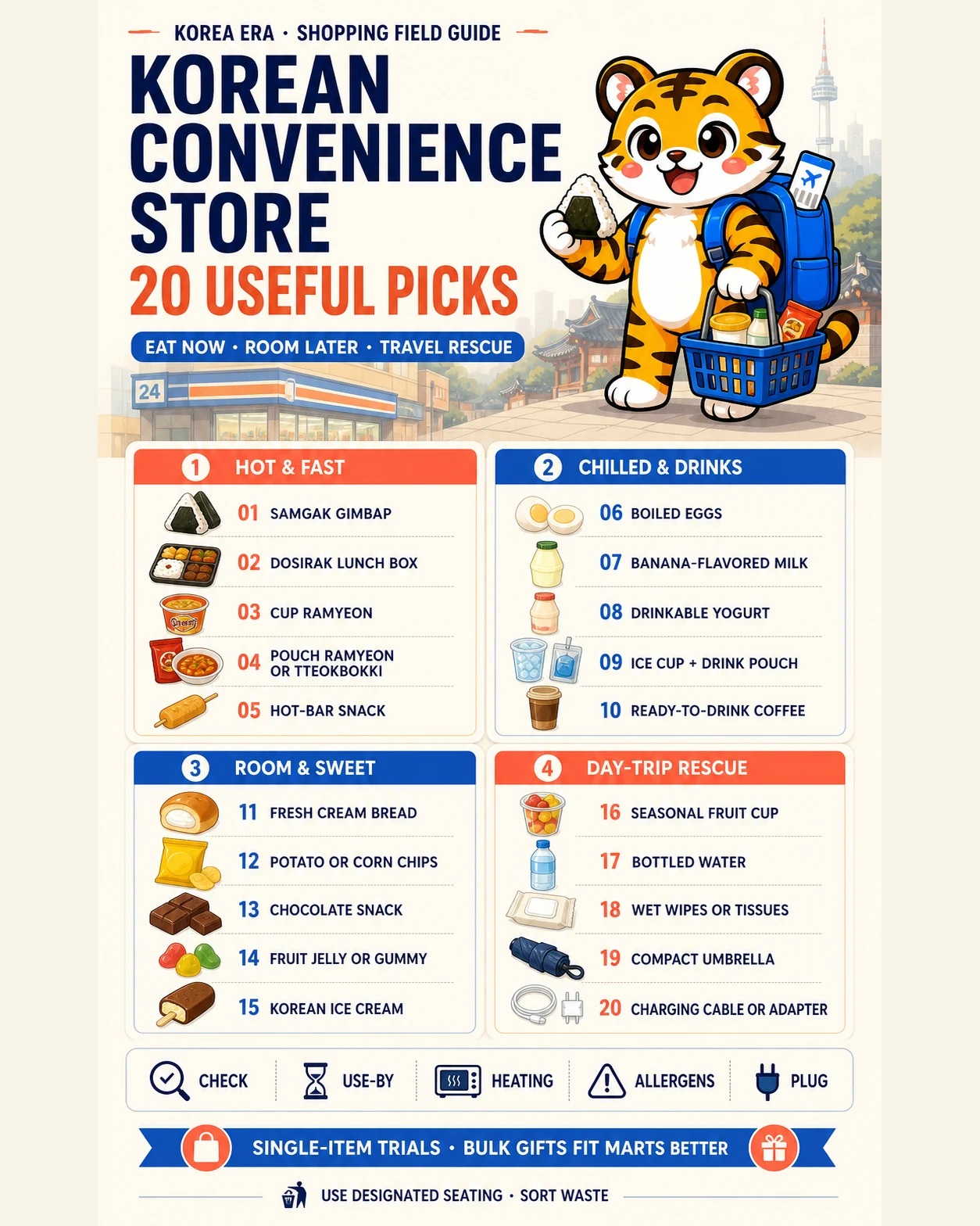 Korea Era tiger mascot presents 20 Korean convenience-store picks grouped into hot and fast, chilled and drinks, room snacks and day-trip rescue, with use-by, heating, allergen and plug checks