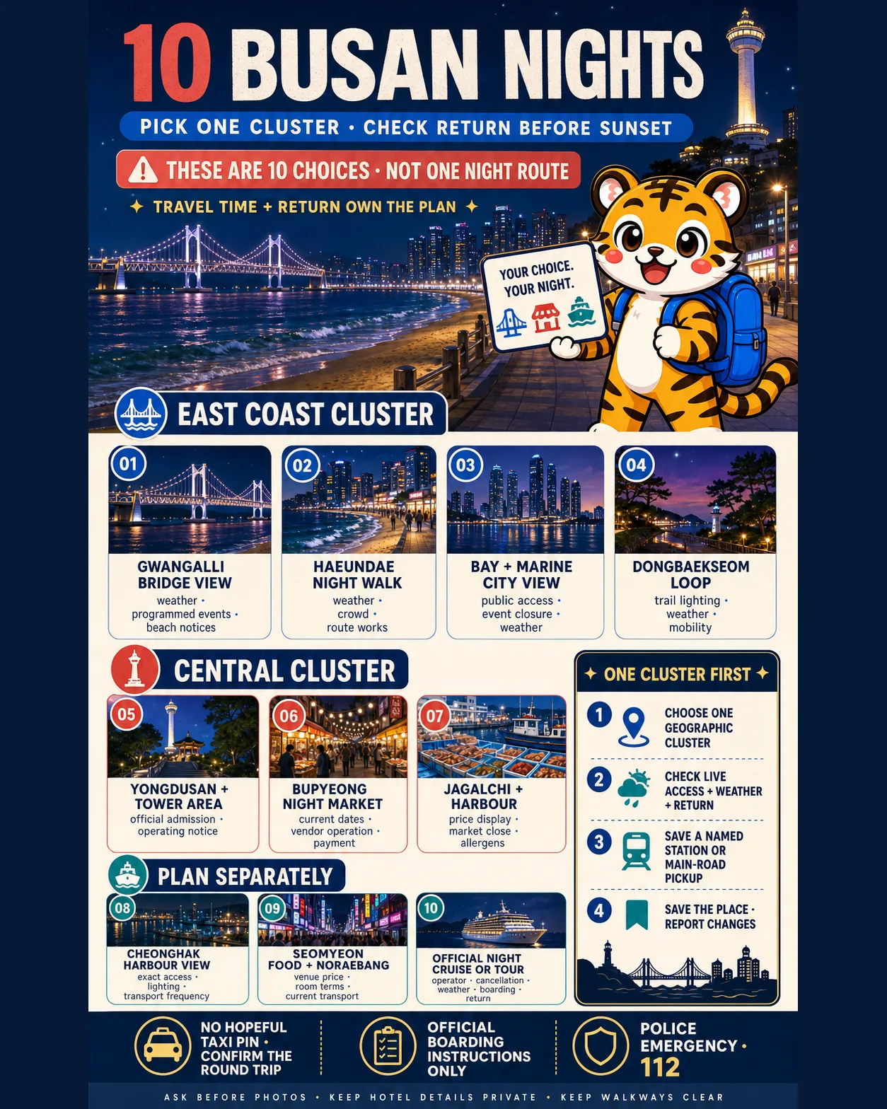 Korea Era tiger mascot presents ten Busan night choices grouped into separate geographic clusters