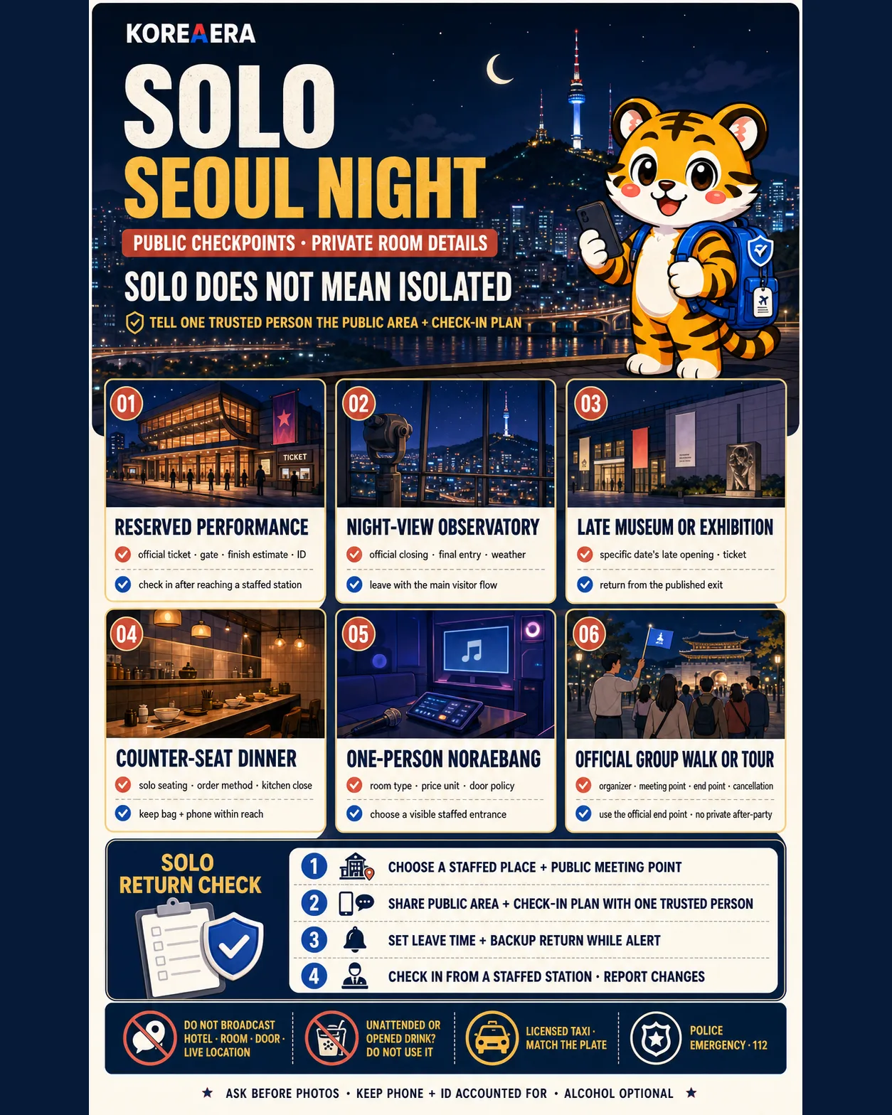 Korea Era tiger mascot presents six solo Seoul night options with public checkpoints and private room details