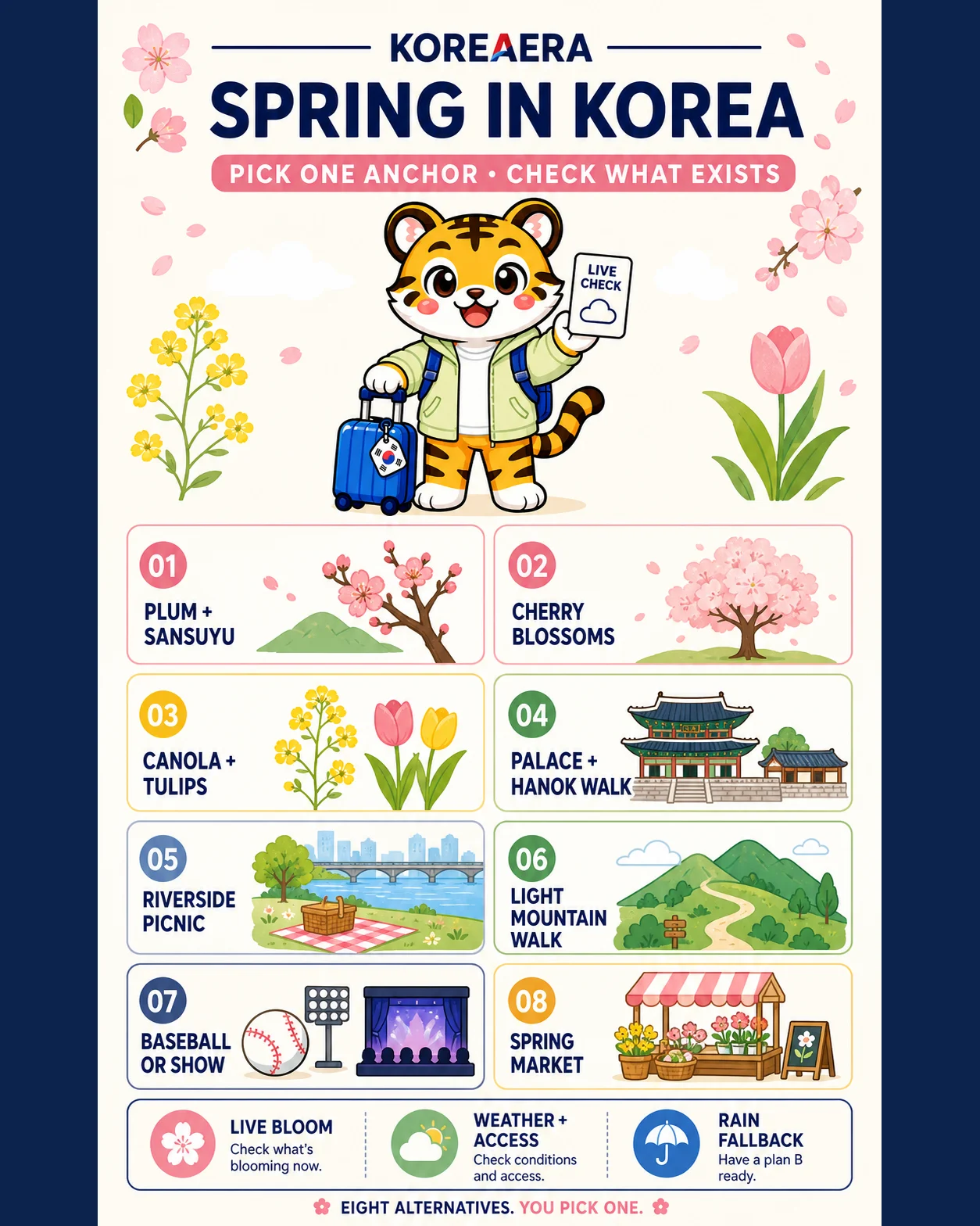Korea Era tiger mascot presents eight alternative spring anchors with live bloom, weather, access and rain-fallback checks