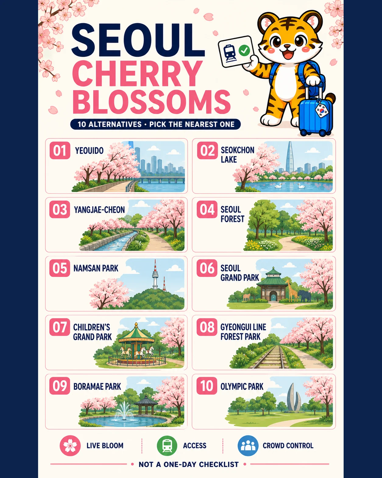 Korea Era tiger mascot presents ten separate Seoul cherry-blossom alternatives with live bloom, access and crowd-control checks