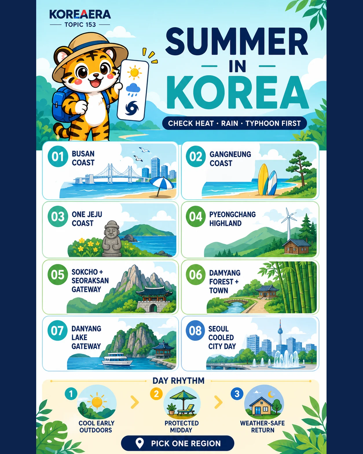 Korea Era tiger mascot presents eight alternative Korean summer regions with heat, rain, typhoon and safe-return checks