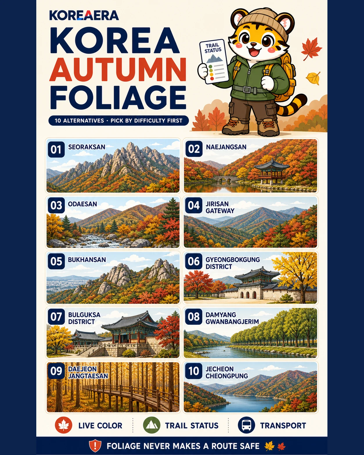Korea Era tiger mascot presents ten independent autumn-foliage alternatives with live color, trail-status, transport and difficulty checks