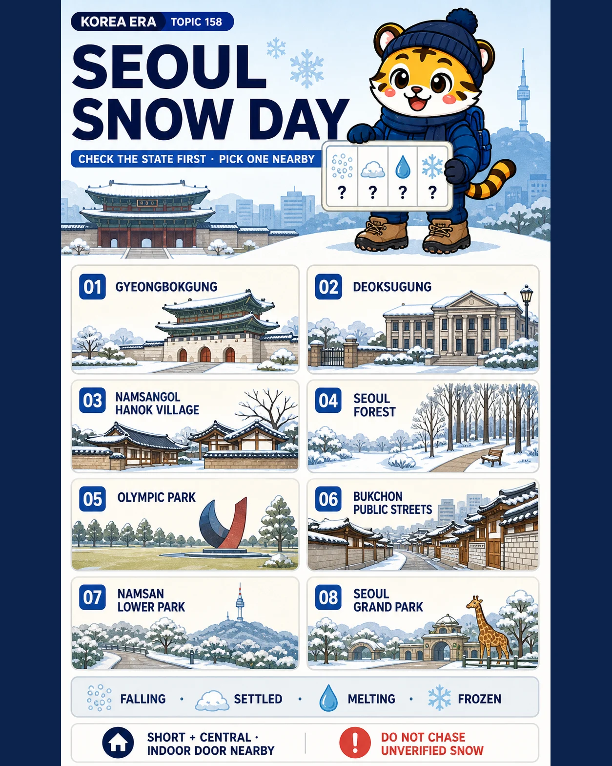 Korea Era tiger mascot presents eight nearby Seoul snow-scene alternatives after checking whether snow is falling, settled, melting or frozen