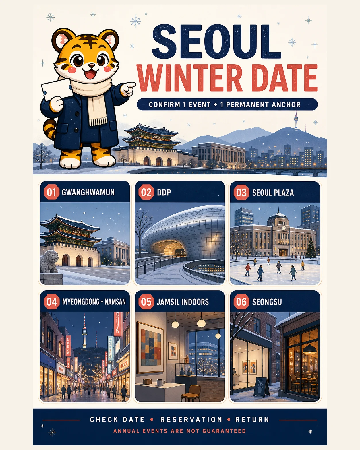 Korea Era tiger mascot presents six Seoul winter-date districts built from one confirmed seasonal event and one permanent neighbourhood anchor
