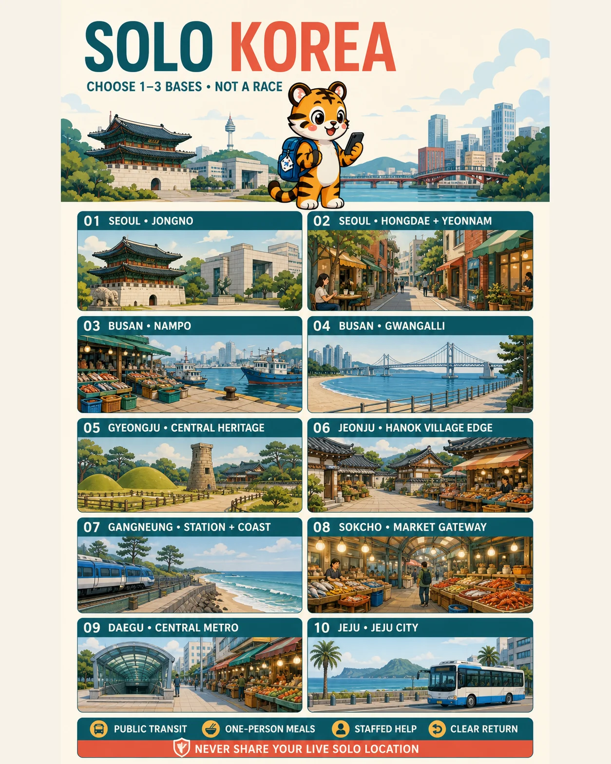 Korea Era tiger mascot presents ten independent Korean bases for solo travellers, chosen by public transit, one-person meals, staffed help and a clear return