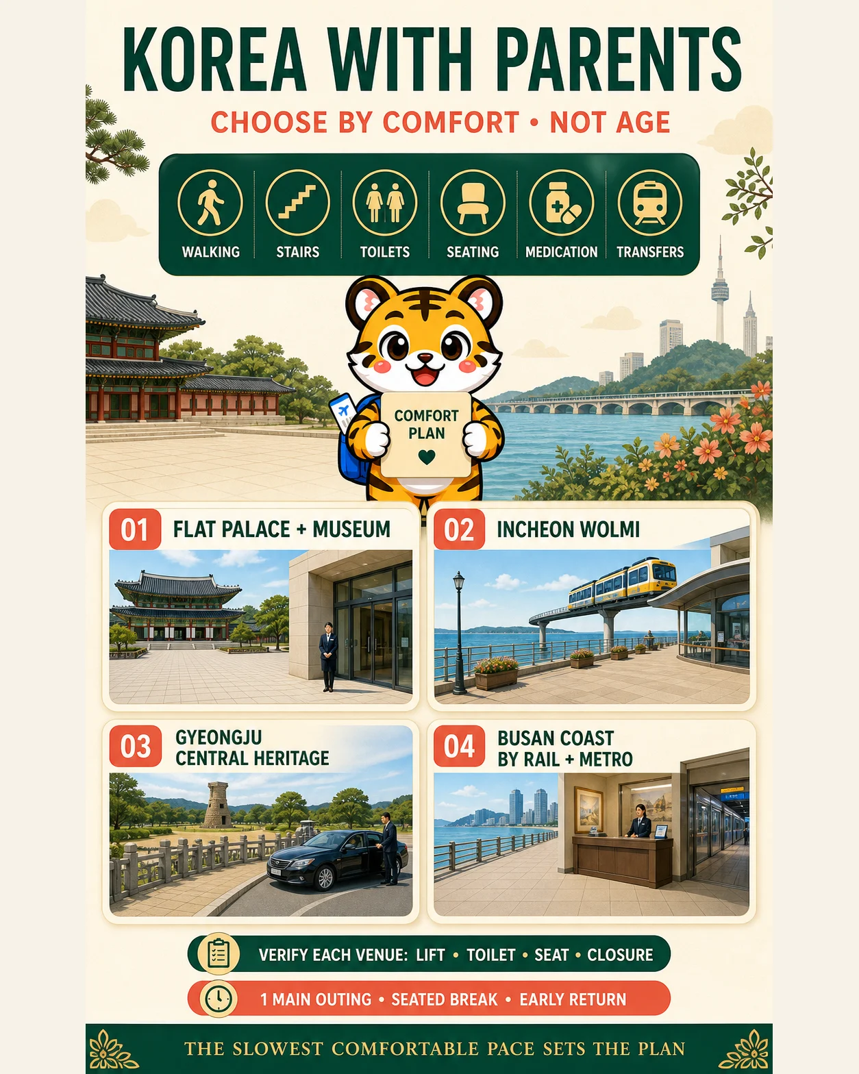 Korea Era tiger mascot presents four comfort-first Korean trip choices for travelers with parents, using walking, stairs, toilets, seating, medication and transfers instead of age stereotypes