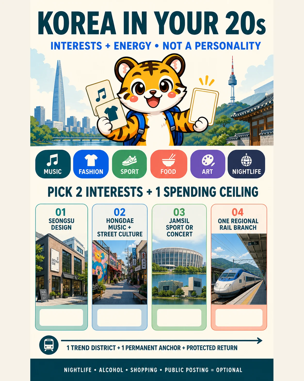 Korea Era tiger mascot presents six equal interests and four independent trip choices for travelers in their twenties, with a spending ceiling and protected return