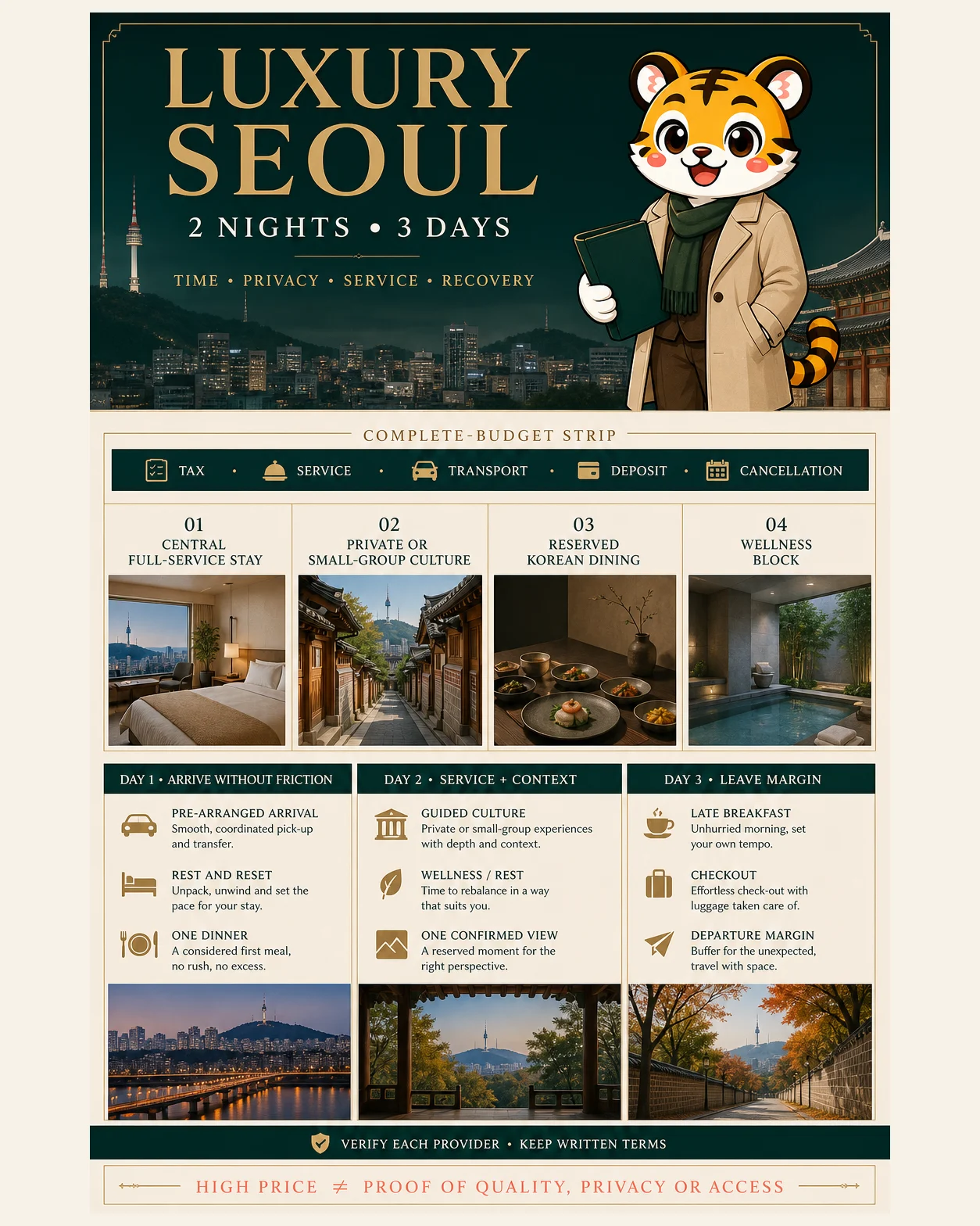 Korea Era tiger mascot presents four complete-service choices and all three days of a two-night Seoul itinerary built around time, privacy, service and recovery