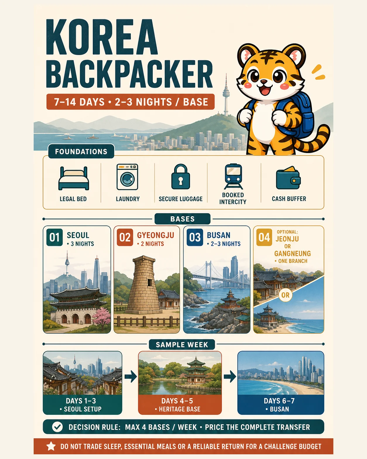 Korea Era tiger mascot presents five backpacking foundations, four base choices and every day of a secure seven-day Korea route