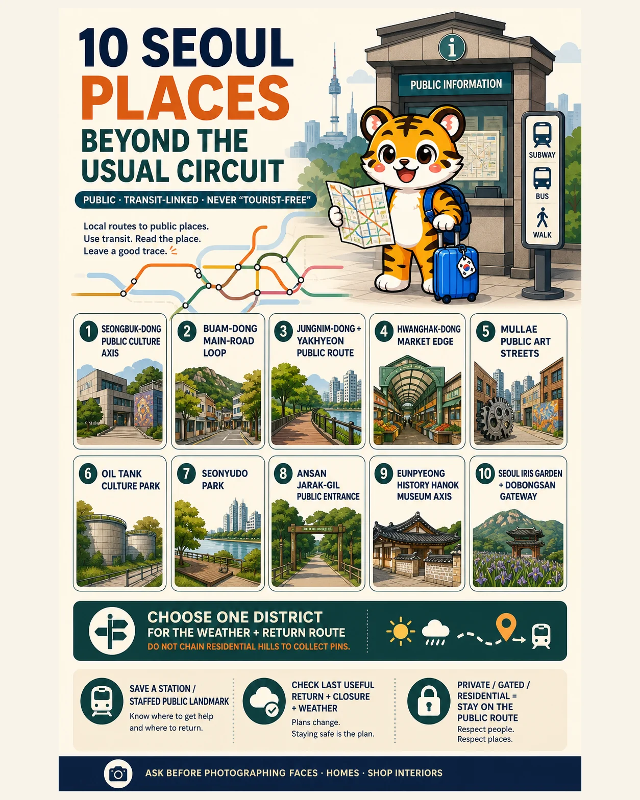 Korea Era tiger mascot presents ten public transit-linked Seoul anchors and the rule to choose one district without collecting residential pins