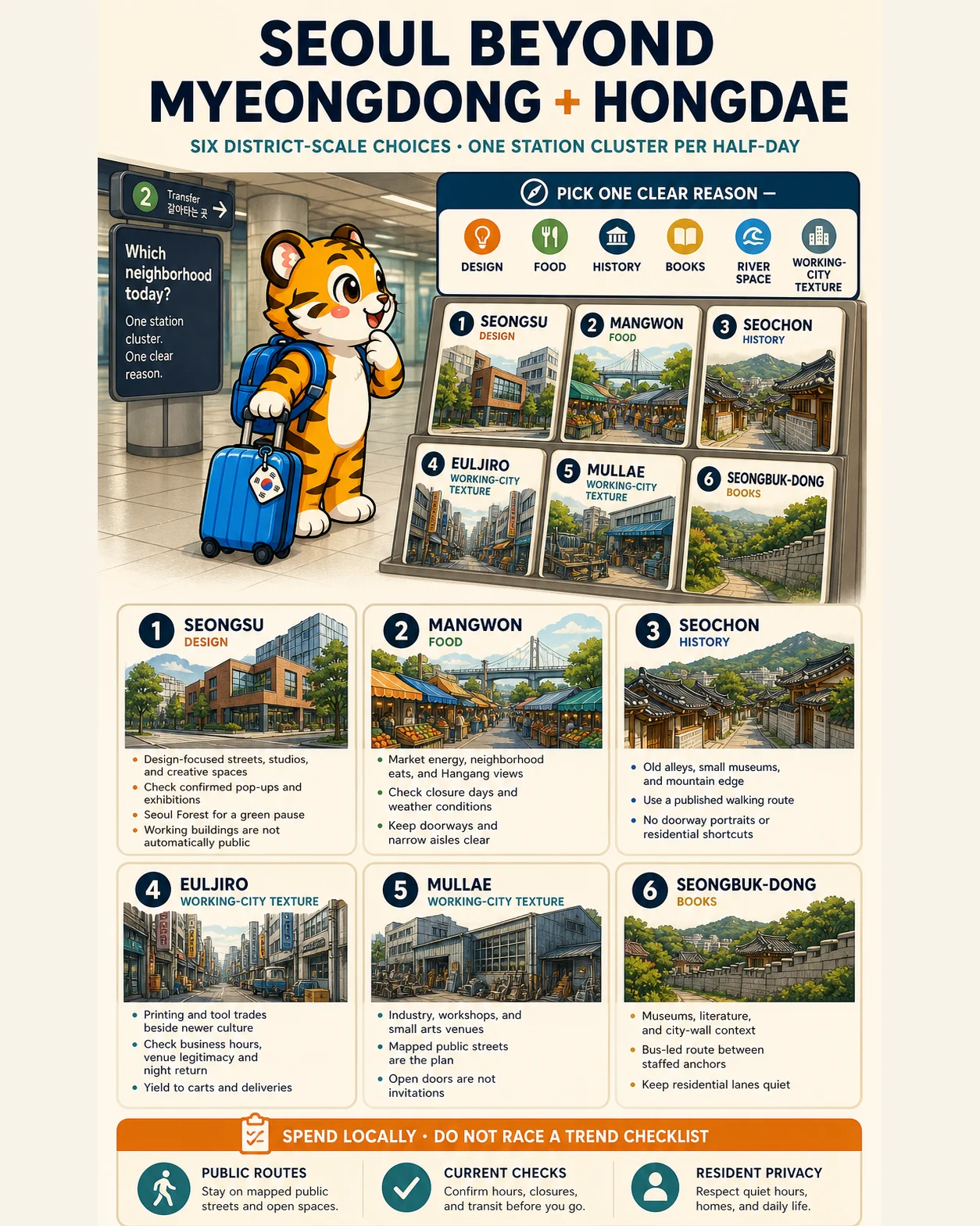 Korea Era tiger mascot presents six Seoul neighborhoods chosen for one clear interest and one station cluster per half day