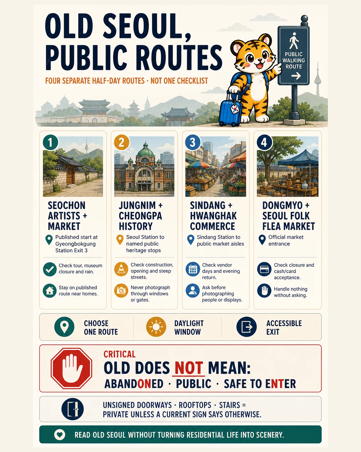 Korea Era tiger mascot presents four separate public half-day routes through old Seoul with daylight, accessible-exit and private-space rules