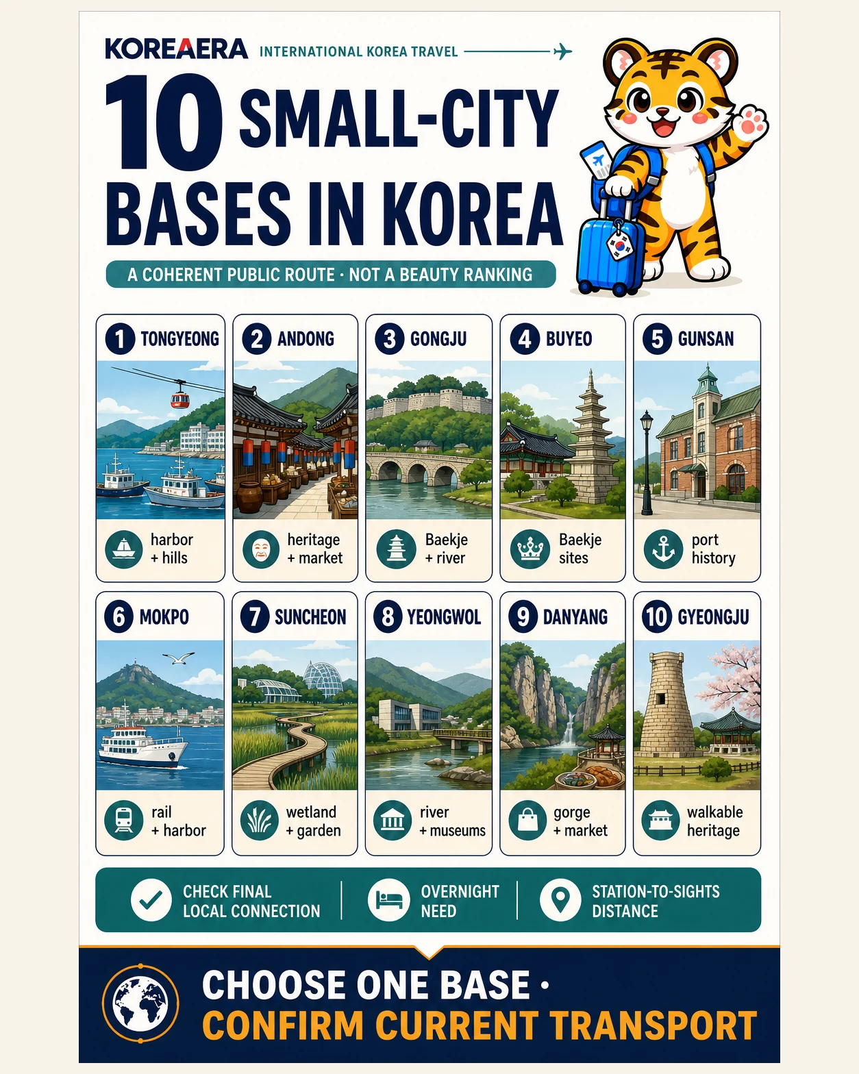 Korea Era tiger mascot presents ten Korean small-city bases as alternatives chosen by final local connection, overnight need and station distance