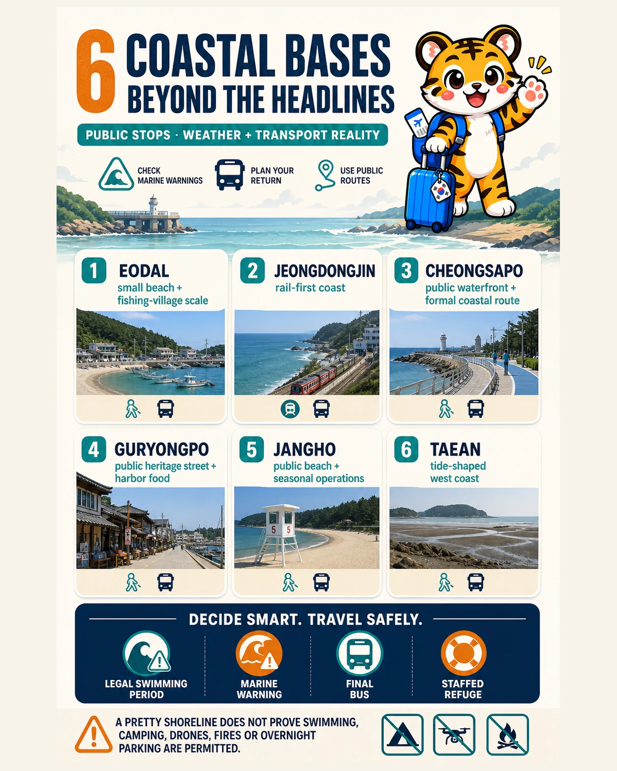 Korea Era tiger mascot presents six public Korean coastal bases with swimming-period, marine-warning, final-bus and staffed-refuge checks