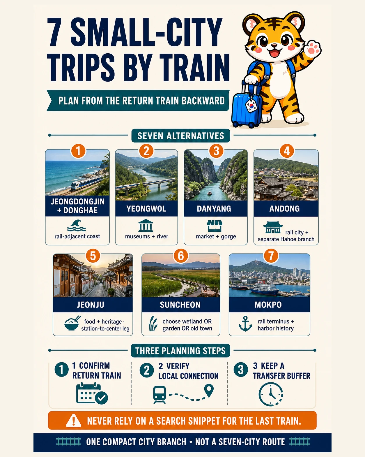 Korea Era tiger mascot presents seven alternative small-city train trips planned backward from the return train and local connection