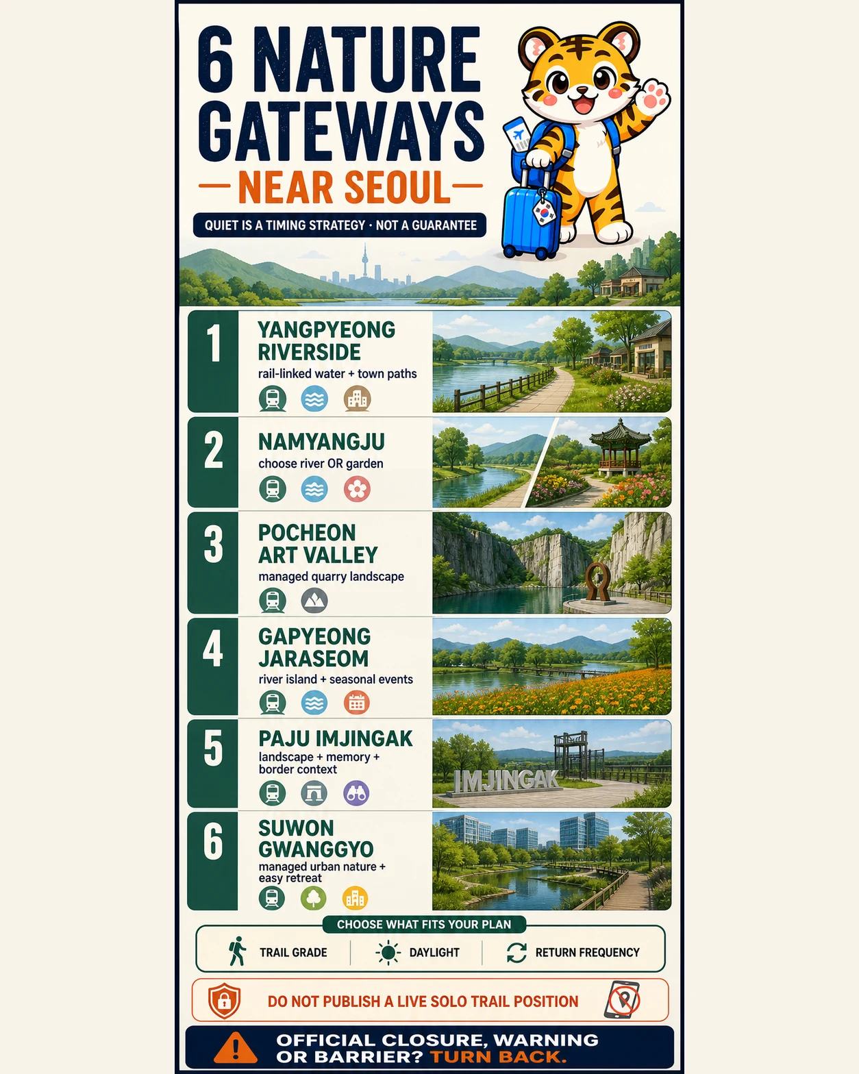 Korea Era tiger mascot presents six public nature gateways near Seoul chosen by trail grade, daylight and return frequency without promising quiet