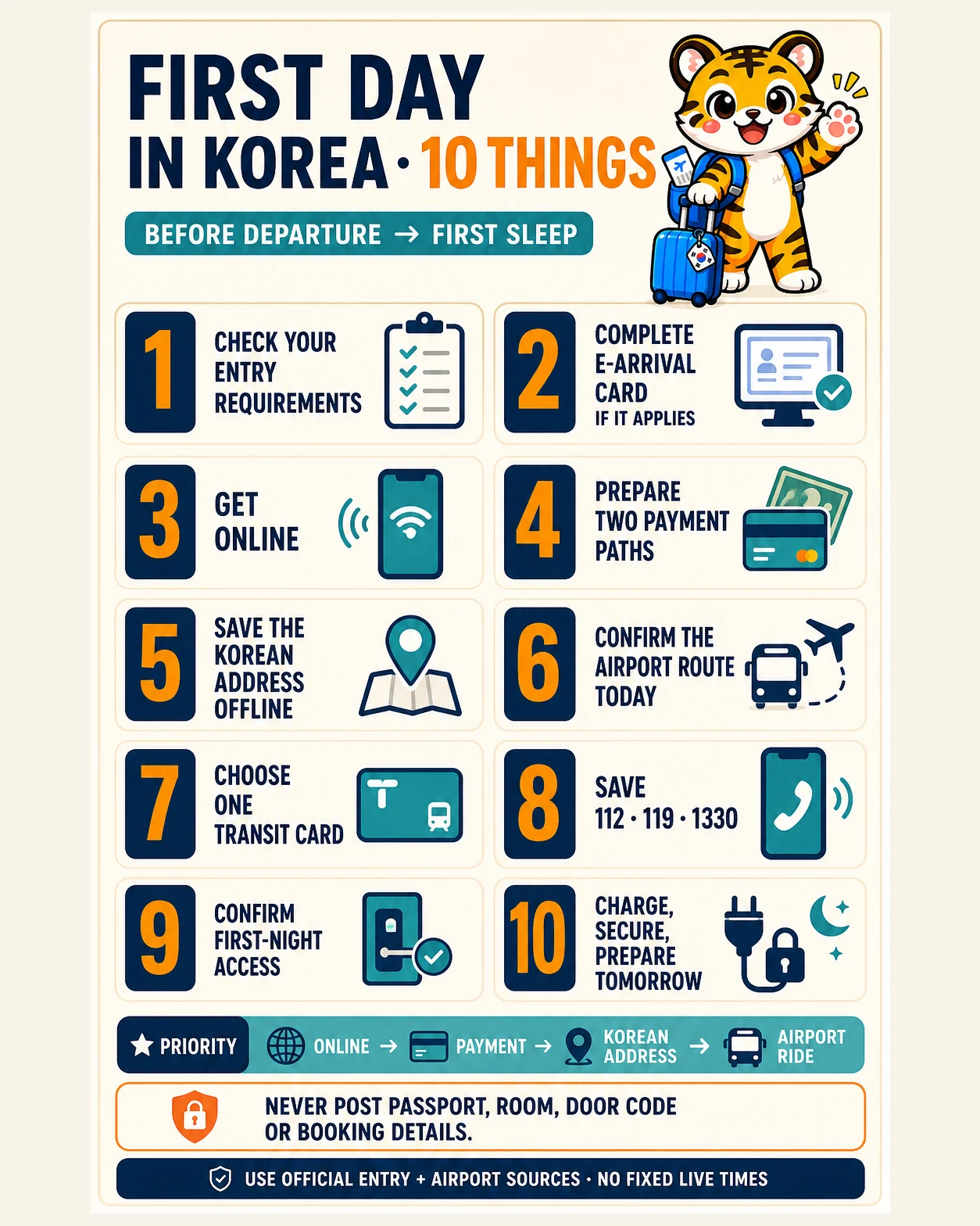 Korea Era tiger mascot presents ten first-day steps from entry checks before departure through the first sleep in Korea