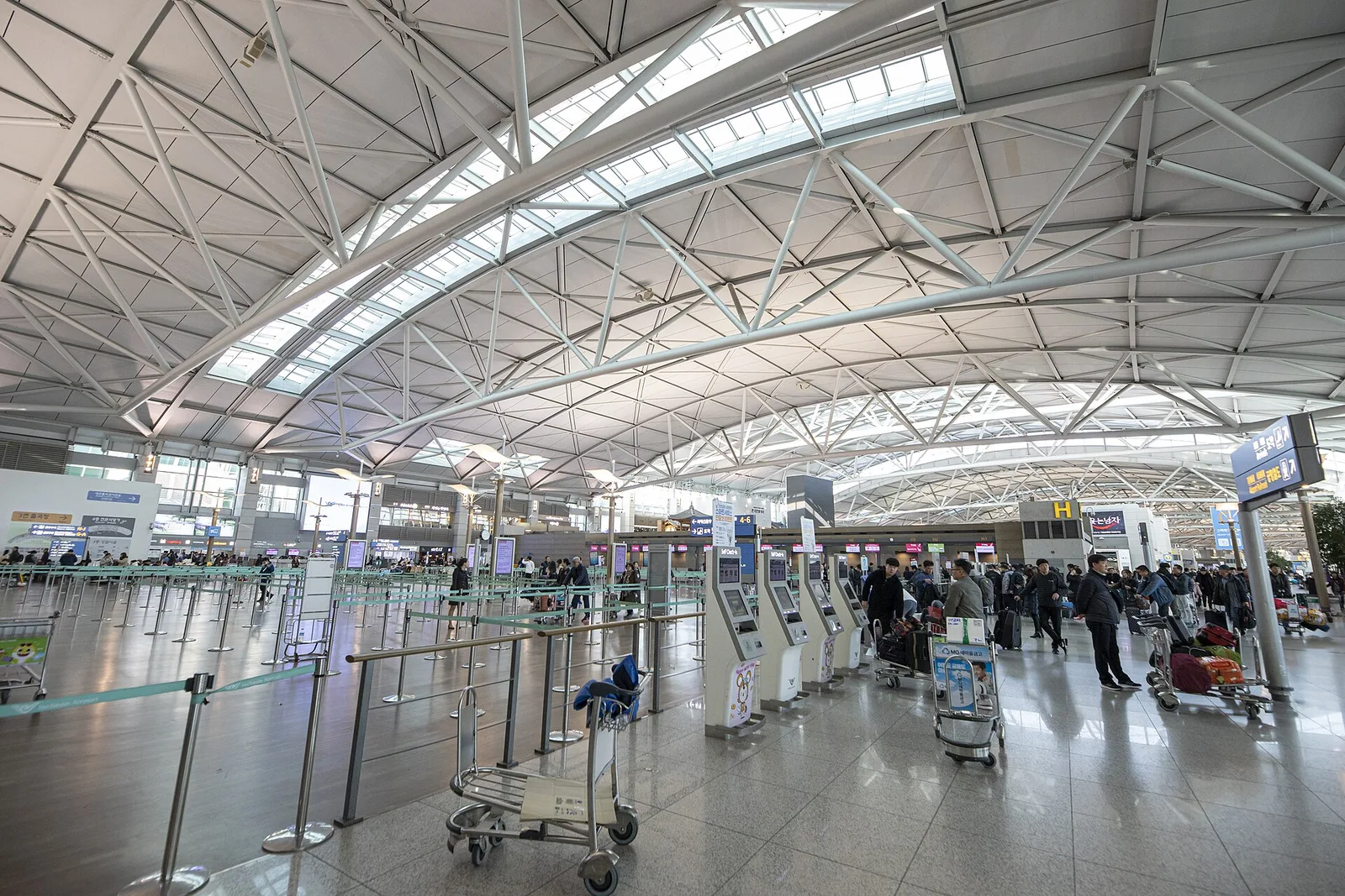 Check-in counters and open departures hall inside Incheon International Airport Terminal 1