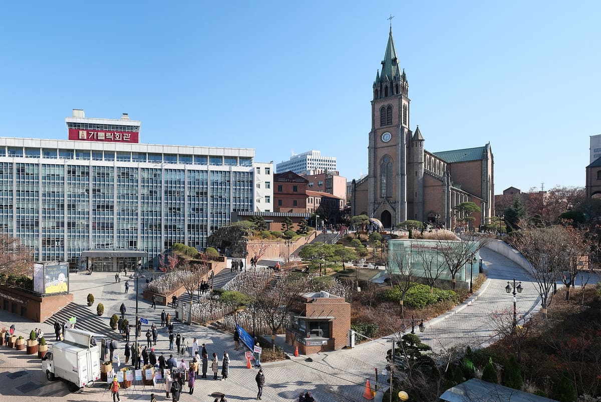The red brick Gothic front of Myeongdong Cathedral