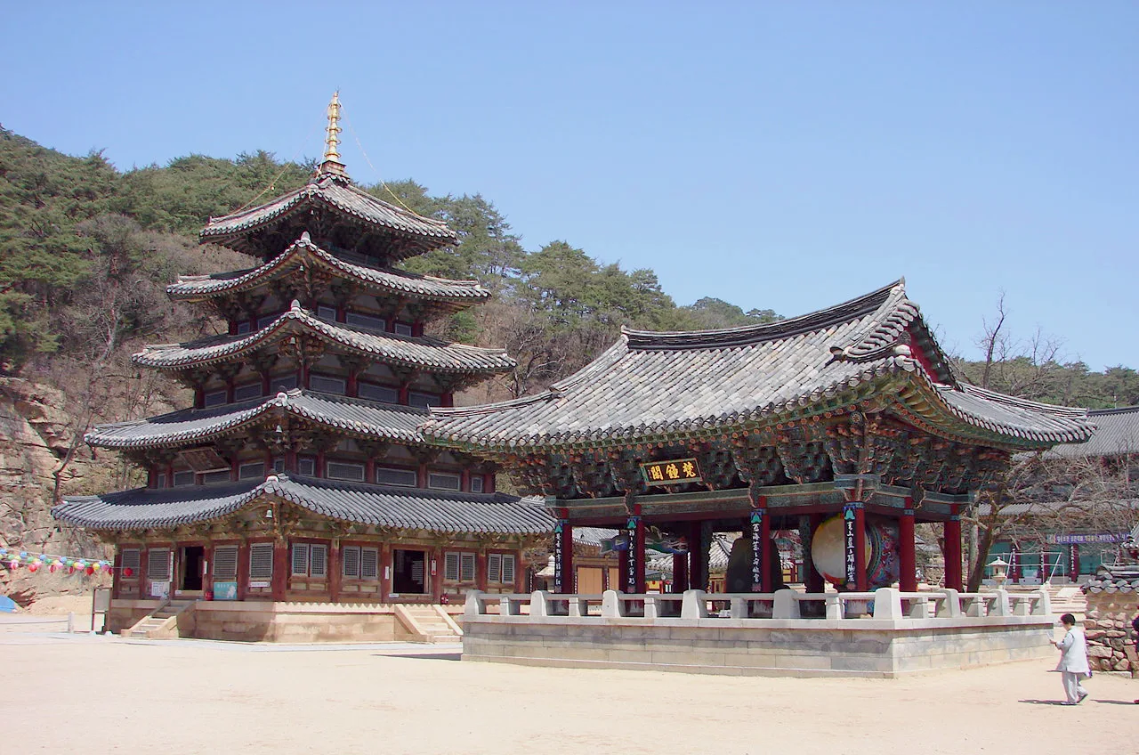 Palsangjeon five-storey wooden pagoda and the bell pavilion on the grounds of Beopjusa Temple