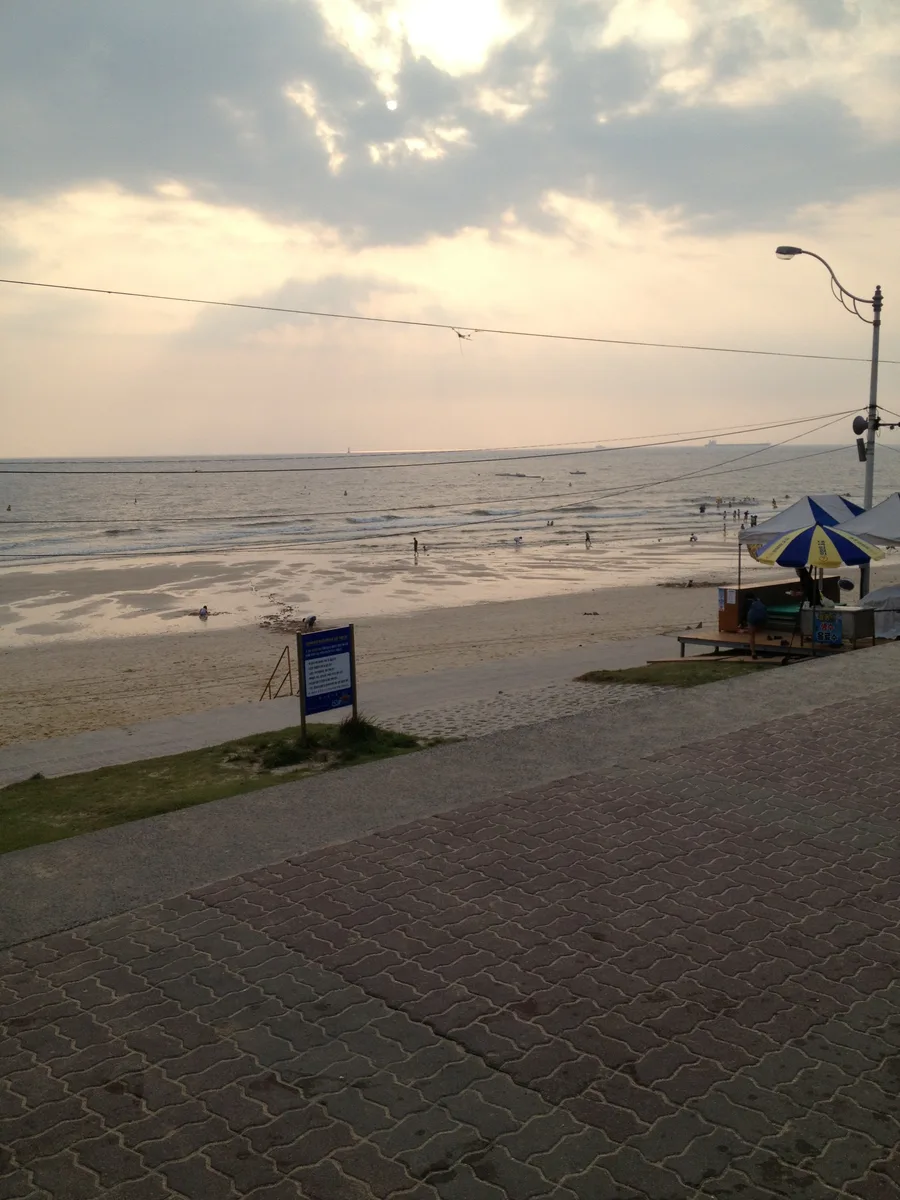The broad sandy shoreline and promenade at Daecheon Beach in Boryeong