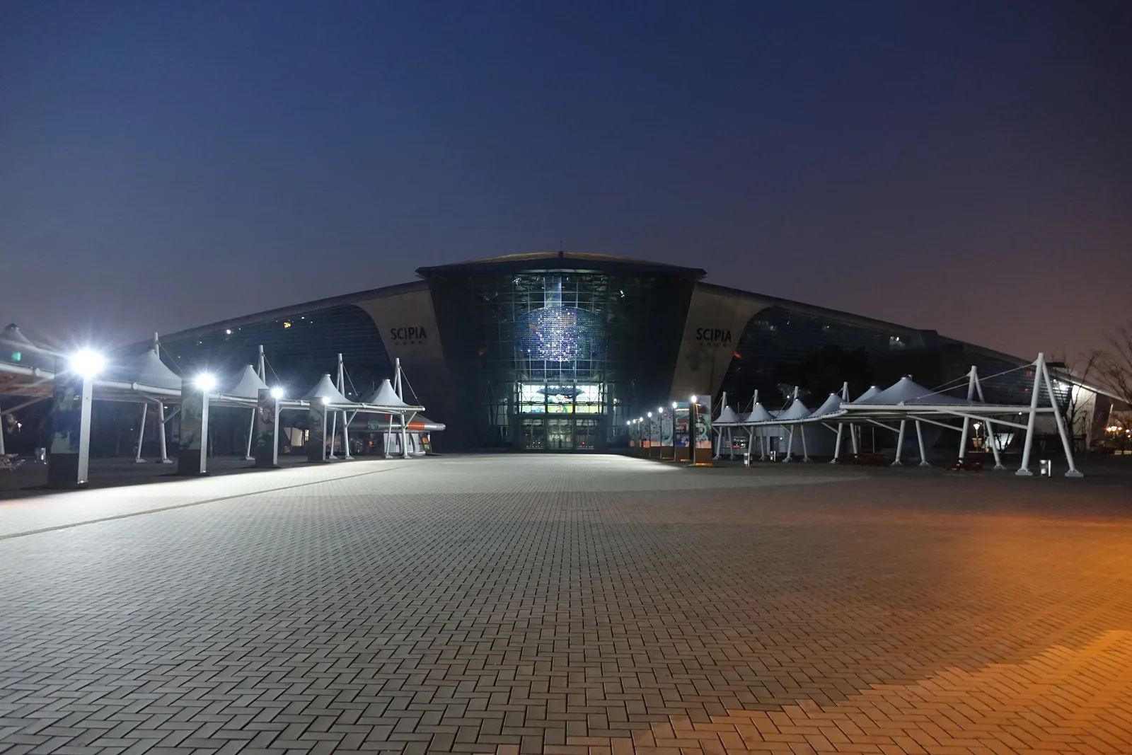 The illuminated curved main exhibition building and entrance plaza at Gwacheon National Science Museum
