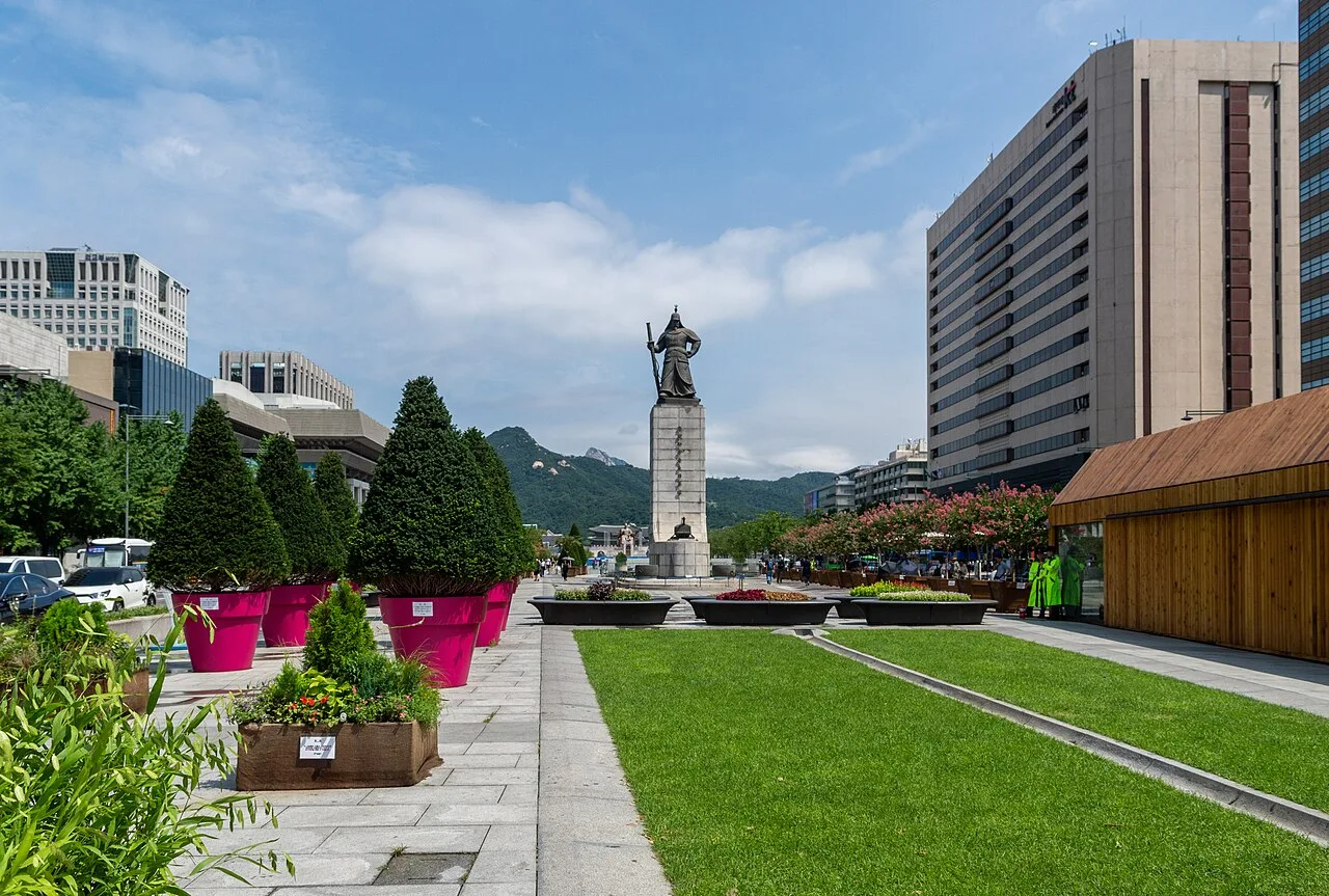 Gwanghwamun Square looking toward the statue of Admiral Yi Sun-sin in central Seoul