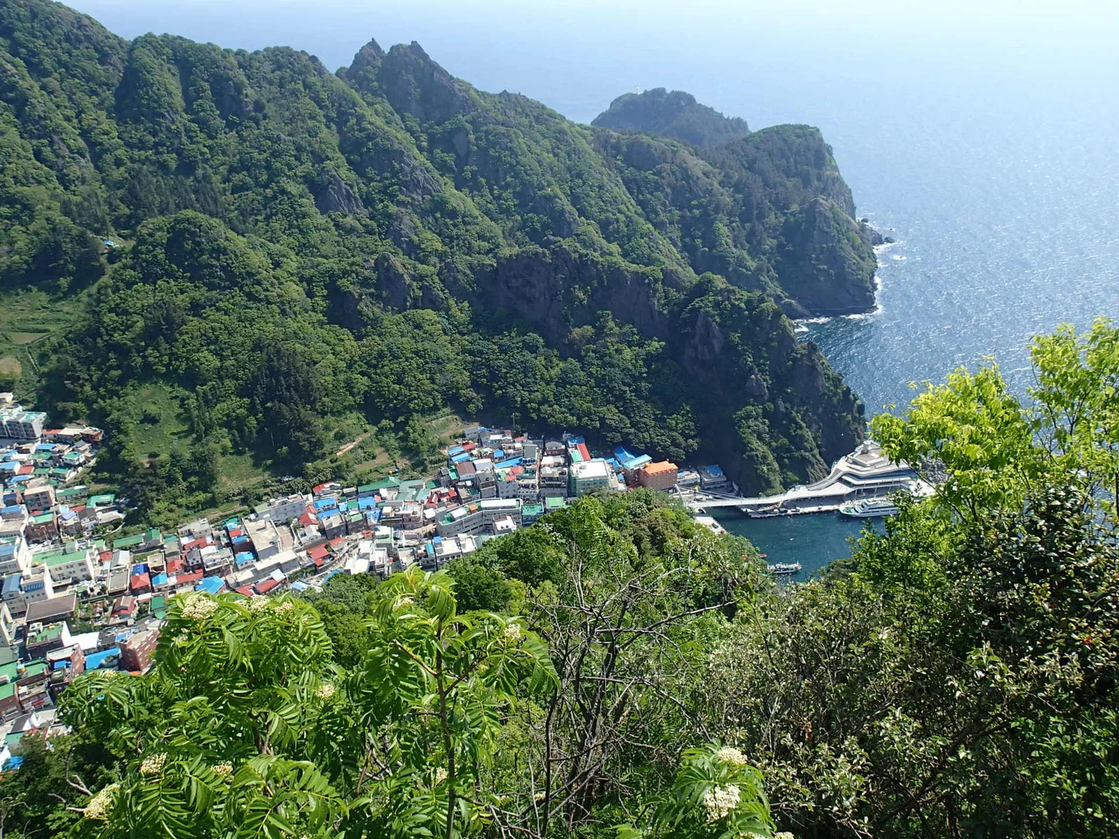 Colourful village roofs climbing the steep coastal slopes around Dodong Port on Ulleungdo