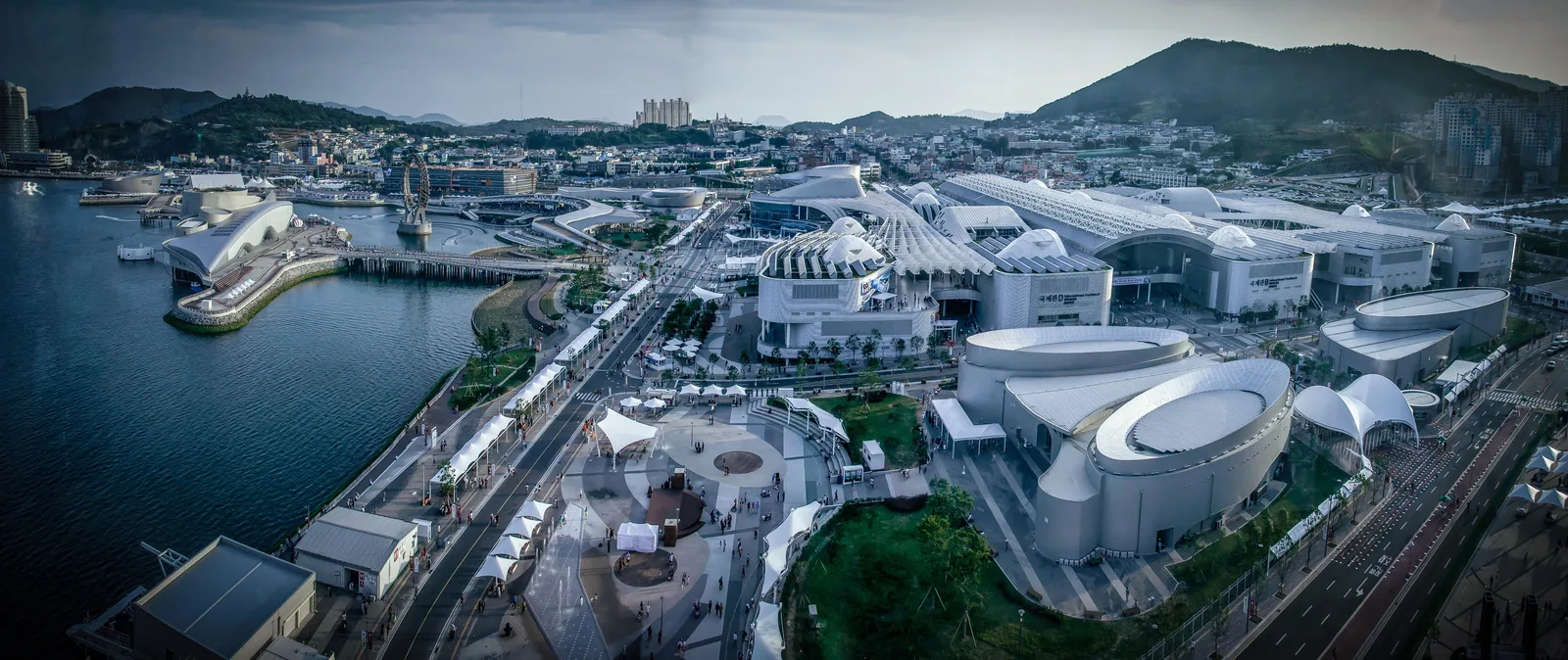 A panoramic view of the Yeosu Expo waterfront grounds from Sky Tower during Expo 2012