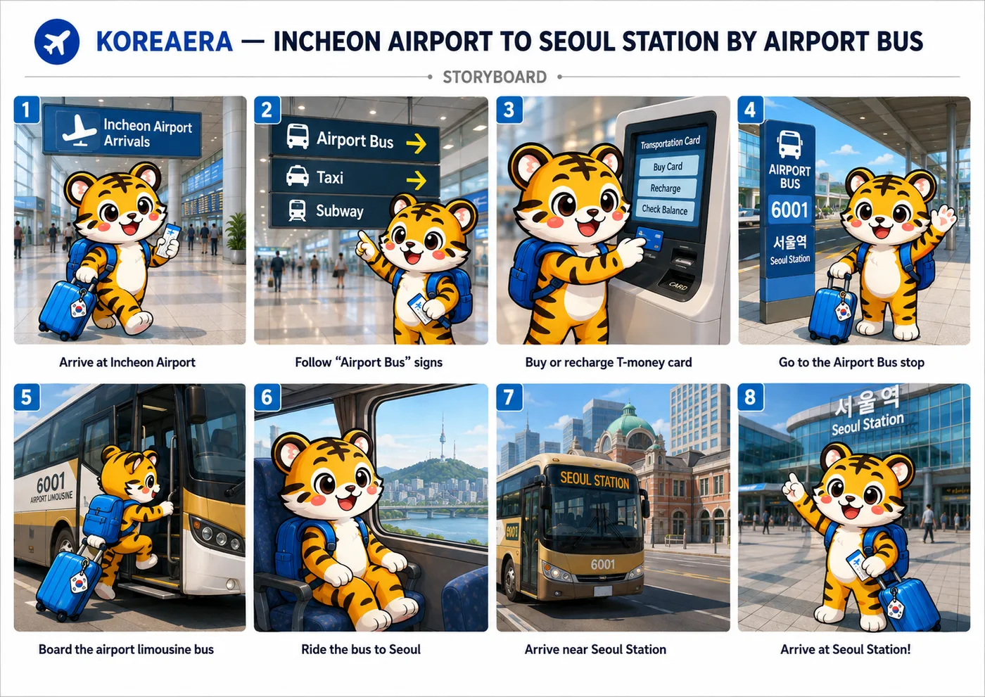 Illustrated eight-panel storyboard of the airport limousine bus from Incheon Airport into Seoul