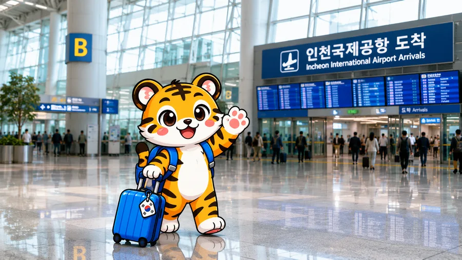 Illustration of a traveller arriving in the Incheon Airport arrivals hall