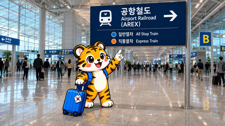 Illustration of airport signage pointing towards the Airport Railroad