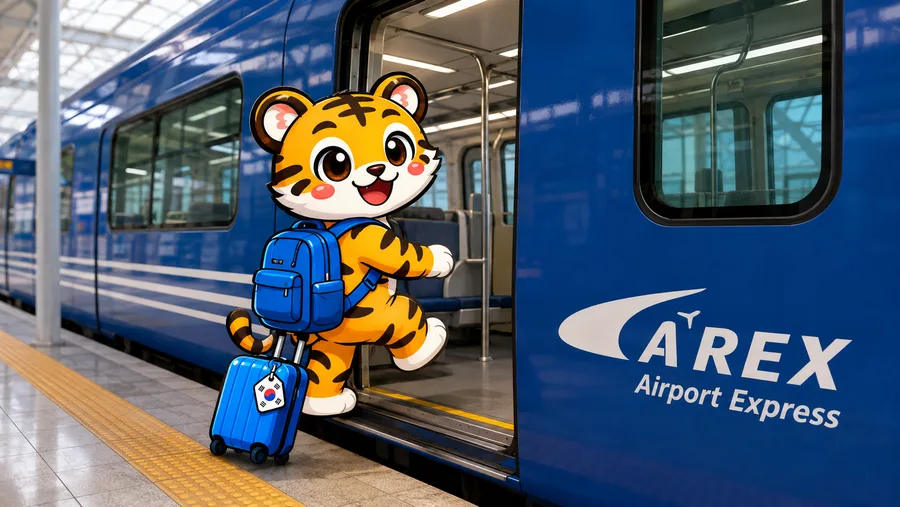 Illustration of a traveller boarding an AREX train