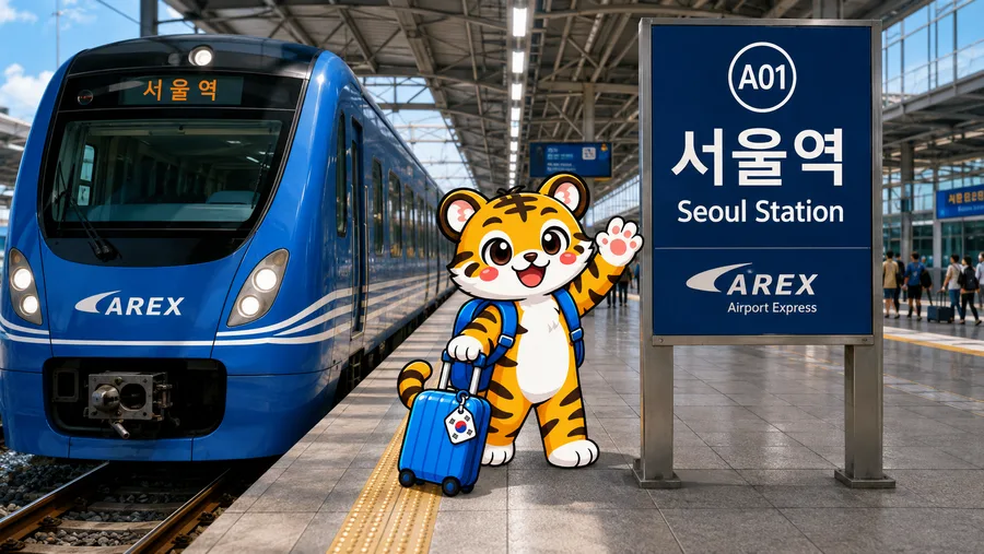 Illustration of an AREX train arriving at the Seoul Station platform