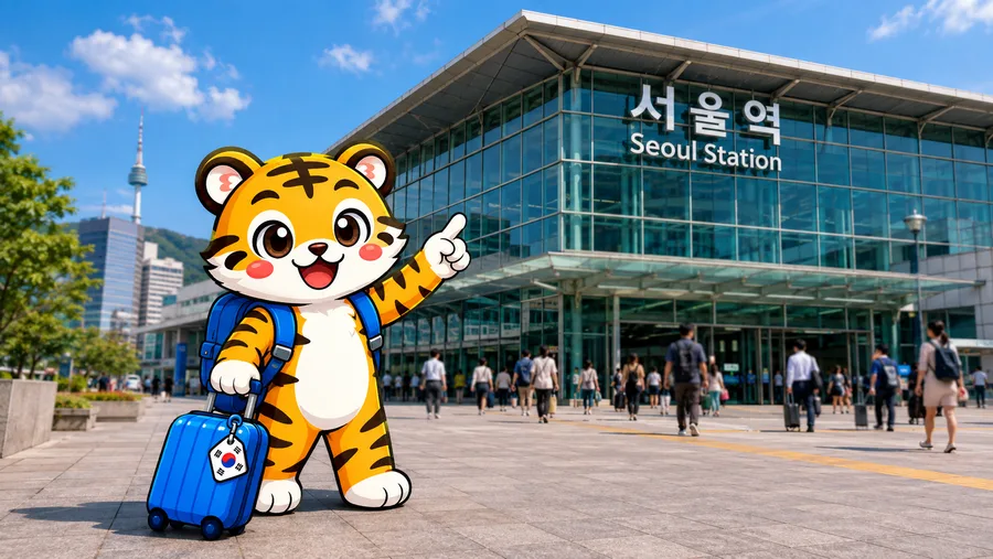 Illustration of a traveller leaving the Seoul Station building